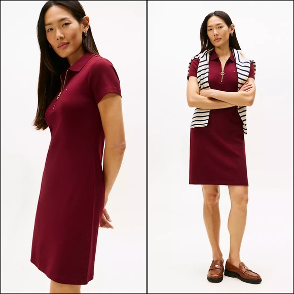 Tommy Hilfiger Dresses & Skirts - NEW Tommy Hilfiger Zip Front Pique Polo Dress In Burgundy Sz L NWT